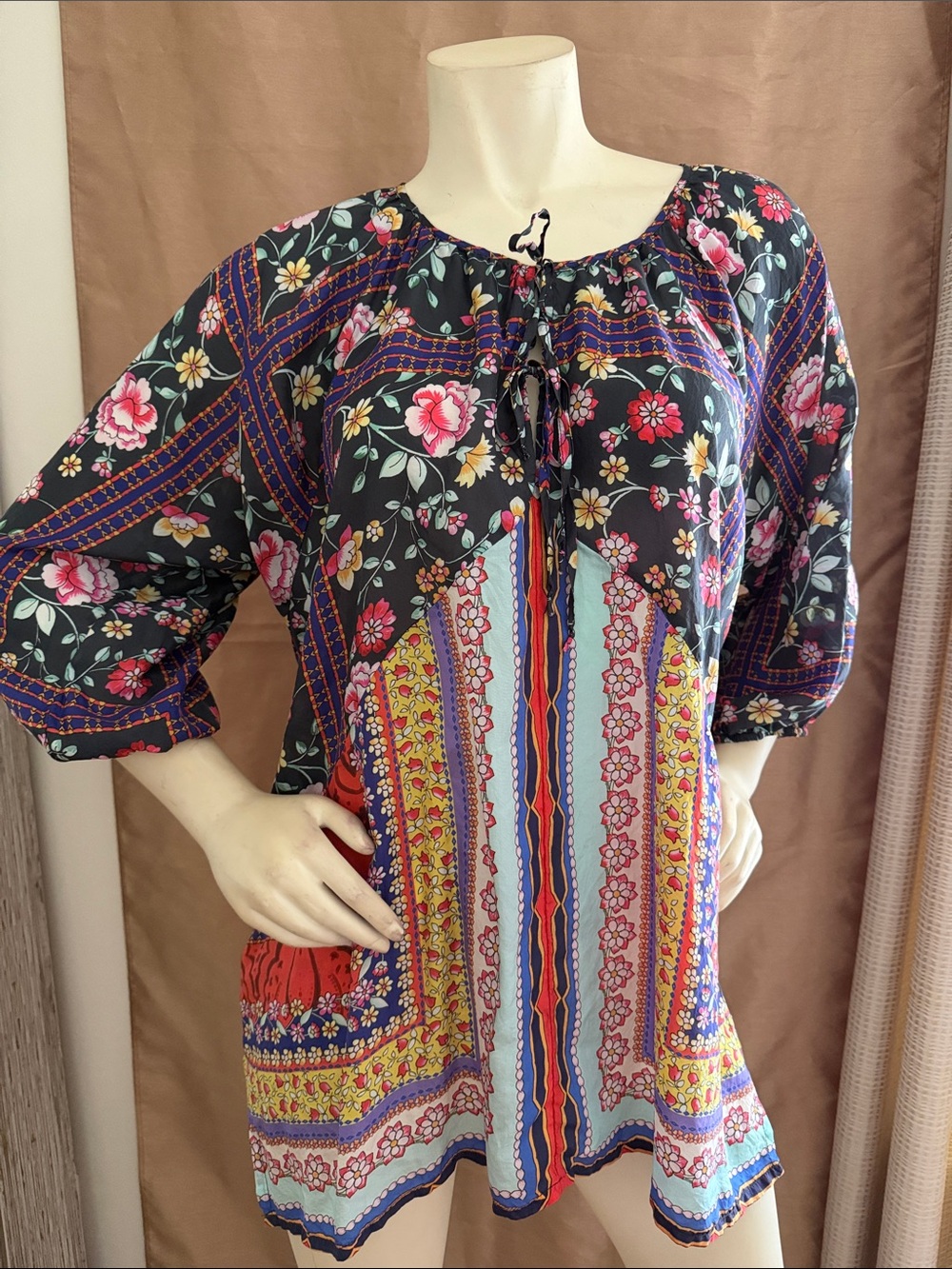 Johnny Was Black Floral Patchwork Tunic with Pink & Blue Accents